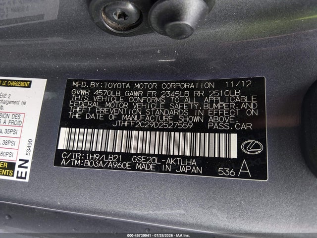 Продажа на аукционе авто 2013 Lexus Is 250c, vin: JTHFF2C29D2527559, номер лота: 45739941