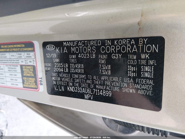 2020 Kia Soul Ex მანქანა იყიდება აუქციონზე, vin: KNDJ33AU6L7114899, აუქციონის ნომერი: 45739968