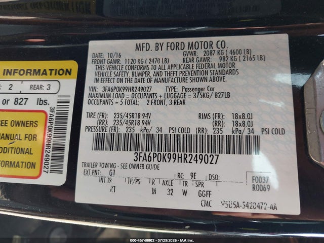 Продаж на аукціоні авто 2017 Ford Fusion Titanium, vin: 3FA6P0K99HR249027, номер лоту: 45740002