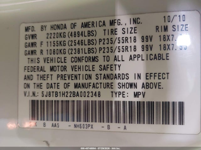 2011 Acura Rdx მანქანა იყიდება აუქციონზე, vin: 5J8TB1H22BA002348, აუქციონის ნომერი: 45740004