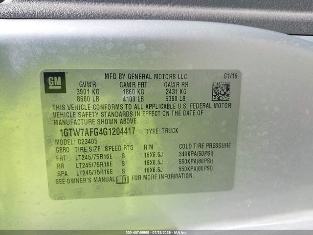 2016 Gmc Savana 2500 Work Van მანქანა იყიდება აუქციონზე, vin: 1GTW7AFG4G1204417, აუქციონის ნომერი: 45740008