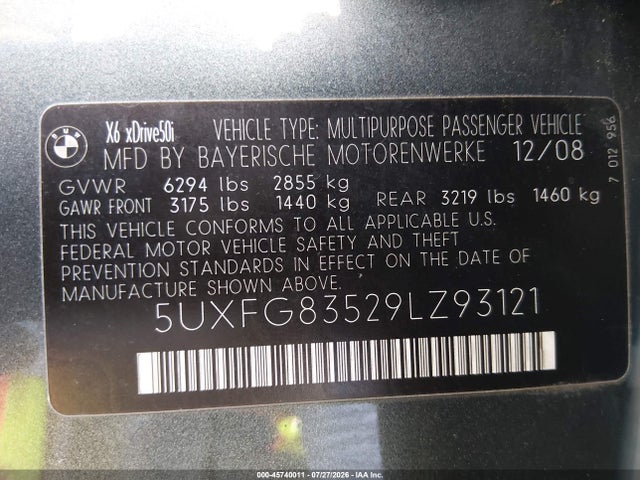 Продаж на аукціоні авто 2009 Bmw X6 Xdrive50i, vin: 5UXFG83529LZ93121, номер лоту: 45740011