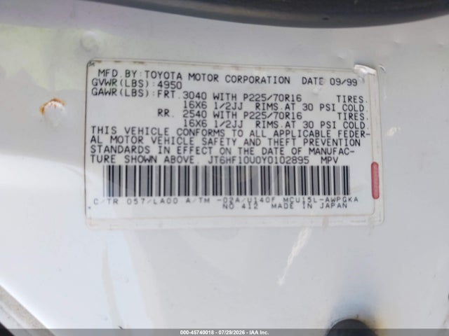 45740018 :رقم المزاد ، JT6HF10U0Y0102895 vin ، 2000 Lexus Rx 300 مزاد بيع