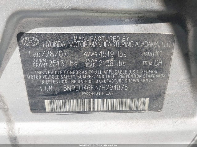 Продажа на аукционе авто 2007 Hyundai Sonata Limited/limited W/xm/se/se W/xm, vin: 5NPEU46F37H294875, номер лота: 45740027