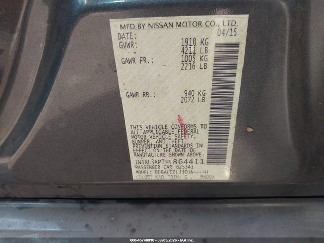 Продаж на аукціоні авто 2015 Nissan Altima 2.5 S, vin: 1N4AL3AP7FN864411, номер лоту: 45740030