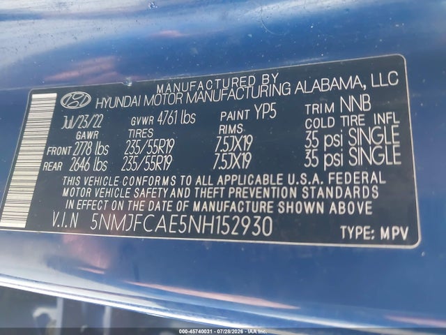 Продажа на аукционе авто 2022 Hyundai Tucson Sel, vin: 5NMJFCAE5NH152930, номер лота: 45740031