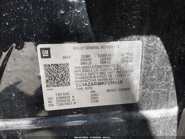 45740032 :رقم المزاد ، 1GYAZAR48KF199010 vin ، 2019 Cadillac Xt4 Luxury مزاد بيع