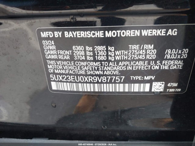 Aukcja sprzedaży 2024 Bmw X5 Xdrive40i, vin: 5UX23EU0XR9V87757, numer aukcji: 45740046