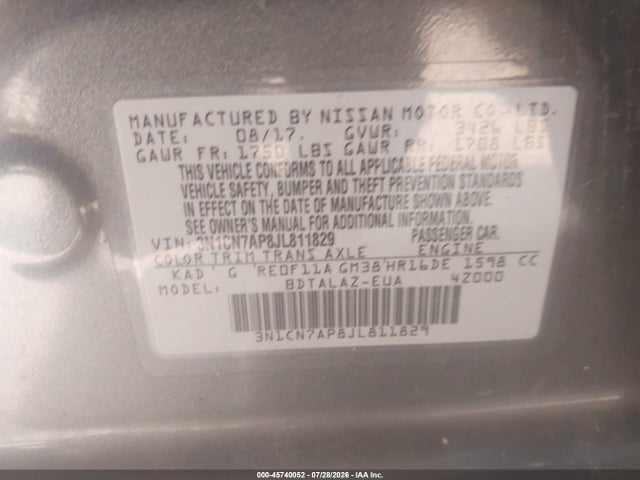 2018 Nissan Versa 1.6 S+ მანქანა იყიდება აუქციონზე, vin: 3N1CN7AP8JL811829, აუქციონის ნომერი: 45740052