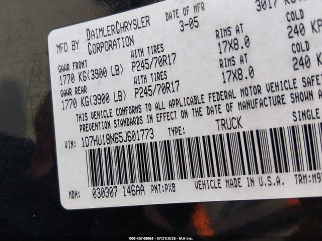Продажа на аукционе авто 2005 Dodge Ram 1500 Slt/laramie, vin: 1D7HU18N65J601773, номер лота: 45740064