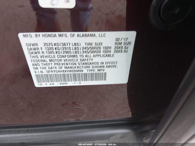 45740087 :رقم المزاد ، 5FRYD4H8XHB030269 vin ، 2017 Acura Mdx Advance Package مزاد بيع