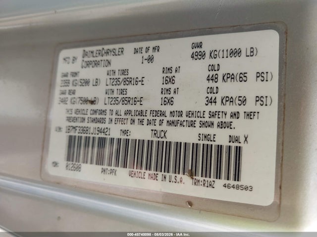 Продаж на аукціоні авто 2001 Dodge Ram 3500 St, vin: 1B7MF33681J194421, номер лоту: 45740098
