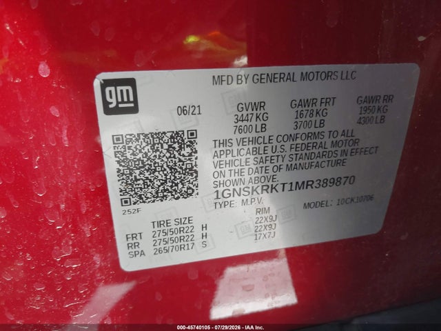1GNSKRKT1MR389870 Chevrolet Tahoe 4wd Rst