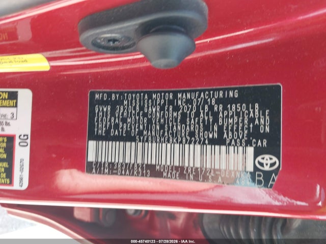 Aukcja sprzedaży 2019 Toyota Corolla Le, vin: 5YFBURHE8KP872274, numer aukcji: 45740123