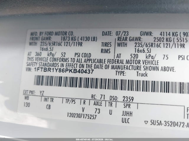 45740140 :رقم المزاد ، 1FTBR1Y86PKB40437 vin ، 2023 Ford Transit-250 مزاد بيع