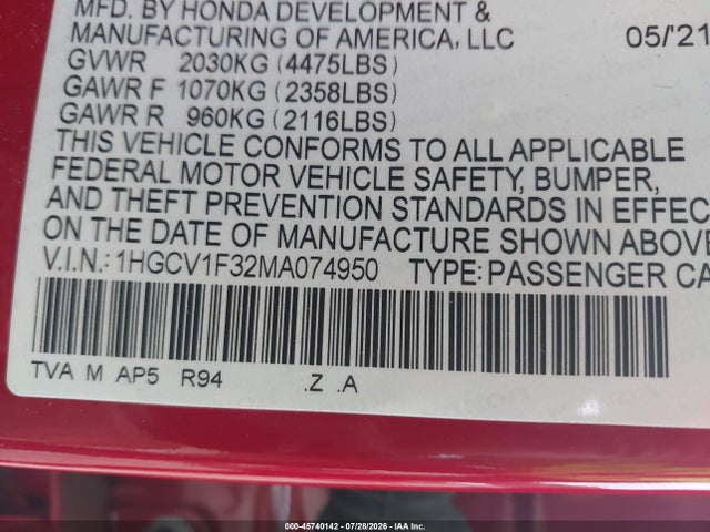 Продаж на аукціоні авто 2021 Honda Accord Sport, vin: 1HGCV1F32MA074950, номер лоту: 45740142