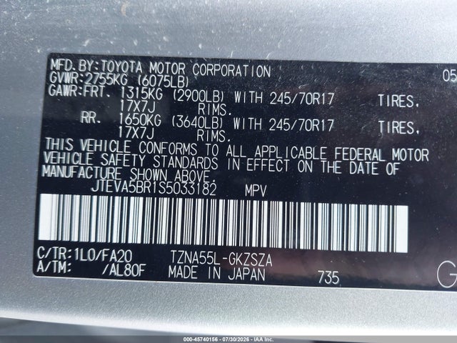 45740156 :رقم المزاد ، JTEVA5BR1S5033182 vin ، 2025 Toyota 4runner Sr5 مزاد بيع