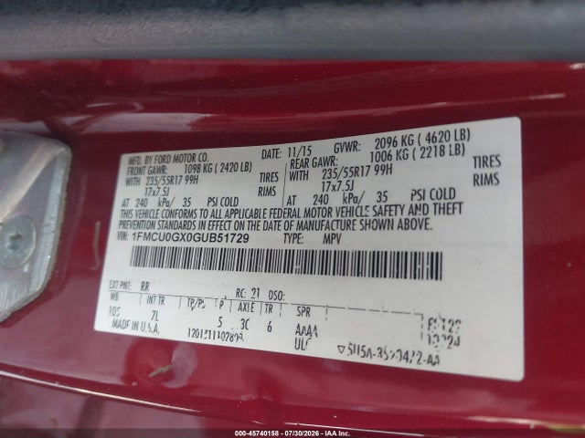 Продажа на аукционе авто 2016 Ford Escape Se, vin: 1FMCU0GX0GUB51729, номер лота: 45740158
