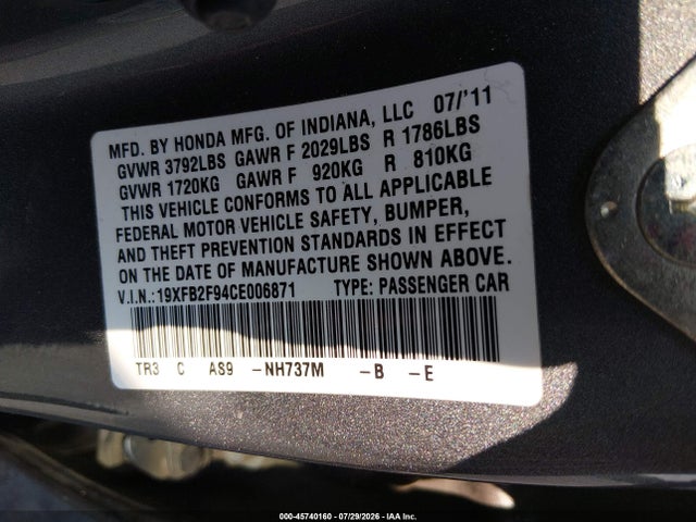 2012 Honda Civic Ex-l მანქანა იყიდება აუქციონზე, vin: 19XFB2F94CE006871, აუქციონის ნომერი: 45740160