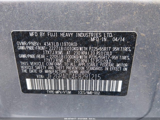 Subaru Xv Crosstrek 2.0i Premium 2014 JF2GPACC4E8291215 Image 9