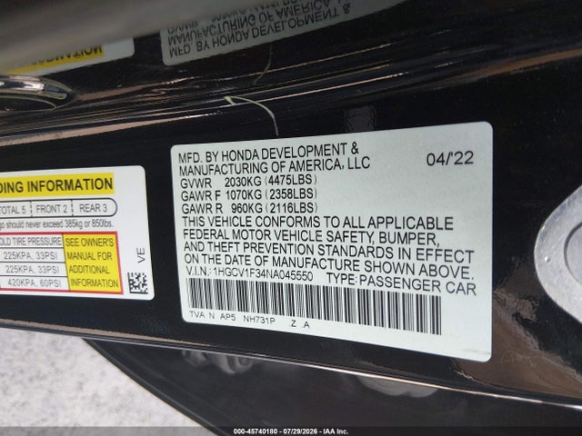 Aukcja sprzedaży 2022 Honda Accord Sport, vin: 1HGCV1F34NA045550, numer aukcji: 45740180