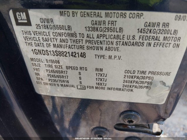 2008 Chevrolet Trailblazer Fleet მანქანა იყიდება აუქციონზე, vin: 1GNDS13S882142148, აუქციონის ნომერი: 45740189