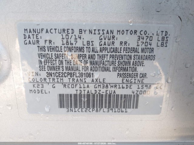 Nissan Versa Note S (sr)/s Plus/sl/sr/sv 2015 3N1CE2CP8FL391061 Image 9