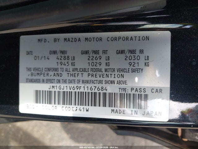 45740194 :رقم المزاد ، JM1GJ1V69F1167684 vin ، 2015 Mazda Mazda6 مزاد بيع
