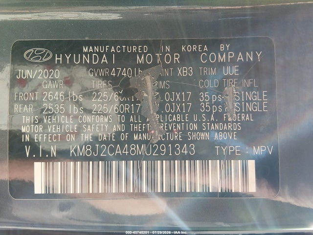 Aukcja sprzedaży 2021 Hyundai Tucson Se, vin: KM8J2CA48MU291343, numer aukcji: 45740201