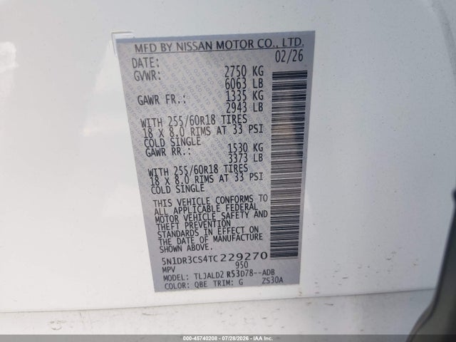 Продаж на аукціоні авто 2026 Nissan Pathfinder Sl, vin: 5N1DR3CS4TC229270, номер лоту: 45740208