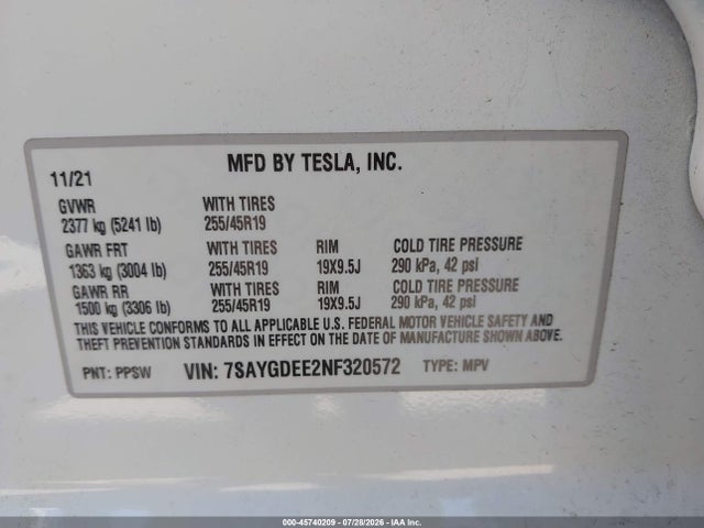 Auction sale of the 2022 Tesla Model Y Long Range Dual Motor All-wheel Drive, vin: 7SAYGDEE2NF320572, lot number: 45740209