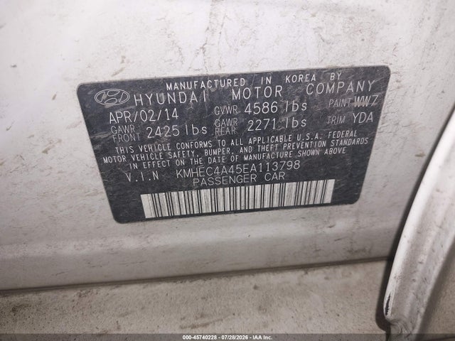 2014 Hyundai Sonata Hybrid მანქანა იყიდება აუქციონზე, vin: KMHEC4A45EA113798, აუქციონის ნომერი: 45740228