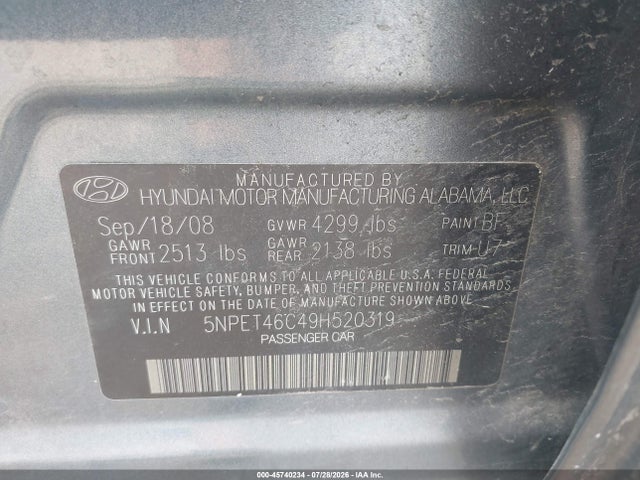 Aukcja sprzedaży 2009 Hyundai Sonata Gls, vin: 5NPET46C49H520319, numer aukcji: 45740234