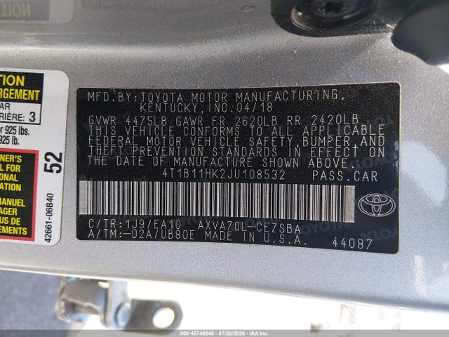 Продаж на аукціоні авто 2018 Toyota Camry Se, vin: 4T1B11HK2JU108532, номер лоту: 45740246