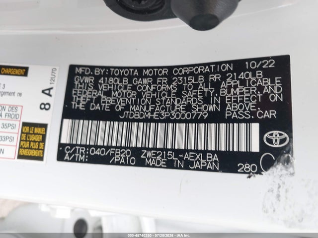 2023 Toyota Corolla Hybrid Le მანქანა იყიდება აუქციონზე, vin: JTDBDMHE3P3000779, აუქციონის ნომერი: 45740250
