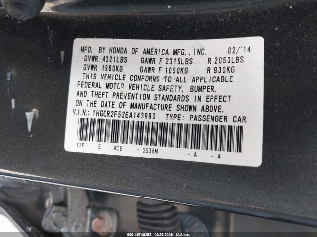 2014 Honda Accord Sport მანქანა იყიდება აუქციონზე, vin: 1HGCR2F52EA143990, აუქციონის ნომერი: 45740252