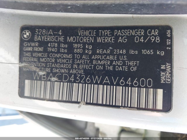 Продаж на аукціоні авто 1998 Bmw 328i, vin: WBACD4326WAV64600, номер лоту: 45740255