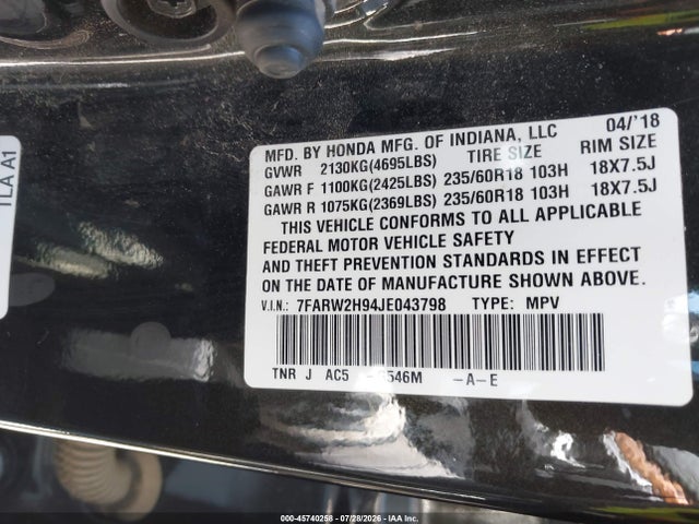 7FARW2H94JE043798 Honda Cr-v Touring