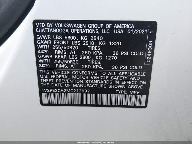 2021 Volkswagen Atlas Cross Sport 3.6l V6 Se W/technology R-line მანქანა იყიდება აუქციონზე, vin: 1V2PE2CA2MC212997, აუქციონის ნომერი: 45740303