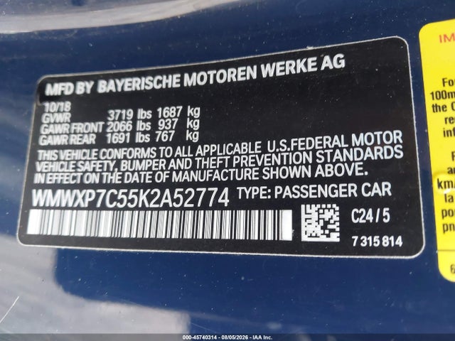 Aukcja sprzedaży 2019 Mini Hardtop Cooper S, vin: WMWXP7C55K2A52774, numer aukcji: 45740314