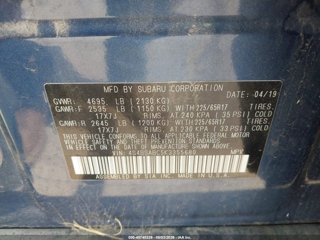 Aukcja sprzedaży 2019 Subaru Outback 2.5i, vin: 4S4BSABC5K3355680, numer aukcji: 45740329