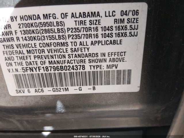 Aukcja sprzedaży 2006 Honda Pilot Ex, vin: 5FNYF18796B024378, numer aukcji: 45740331