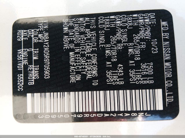 JN8AY2AD5R9705903 Nissan Armada Sv 4wd