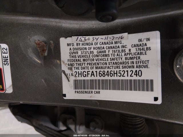 Продаж на аукціоні авто 2006 Honda Civic Ex, vin: 2HGFA16846H521240, номер лоту: 45740358