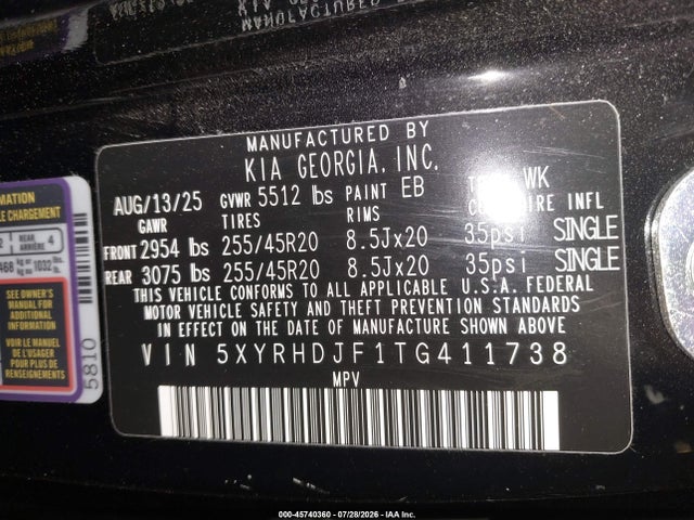 45740360 :رقم المزاد ، 5XYRHDJF1TG411738 vin ، 2026 Kia Sorento X-line Ex مزاد بيع