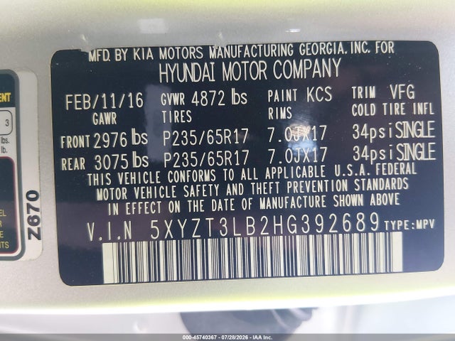 2017 Hyundai Santa Fe Sport 2.4l მანქანა იყიდება აუქციონზე, vin: 5XYZT3LB2HG392689, აუქციონის ნომერი: 45740367
