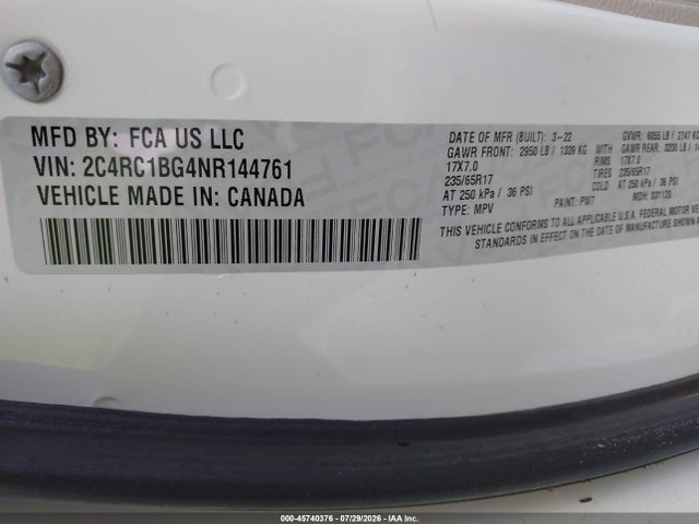 Продажа на аукционе авто 2022 Chrysler Pacifica Touring L, vin: 2C4RC1BG4NR144761, номер лота: 45740376