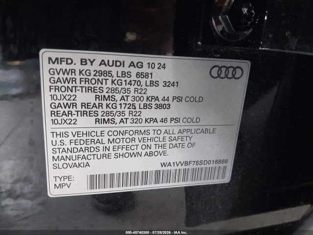 Auction sale of the 2025 Audi Q7 Prestige 55 Tfsi Quattro Tiptronic, vin: WA1VVBF75SD016868, lot number: 45740380