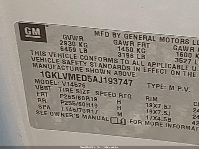 Продажа на аукционе авто 2010 Gmc Acadia Slt-1, vin: 1GKLVMED5AJ193747, номер лота: 45740381