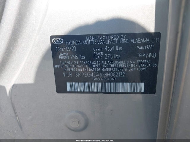 Aukcja sprzedaży 2021 Hyundai Sonata Se, vin: 5NPEG4JA6MH082132, numer aukcji: 45740390